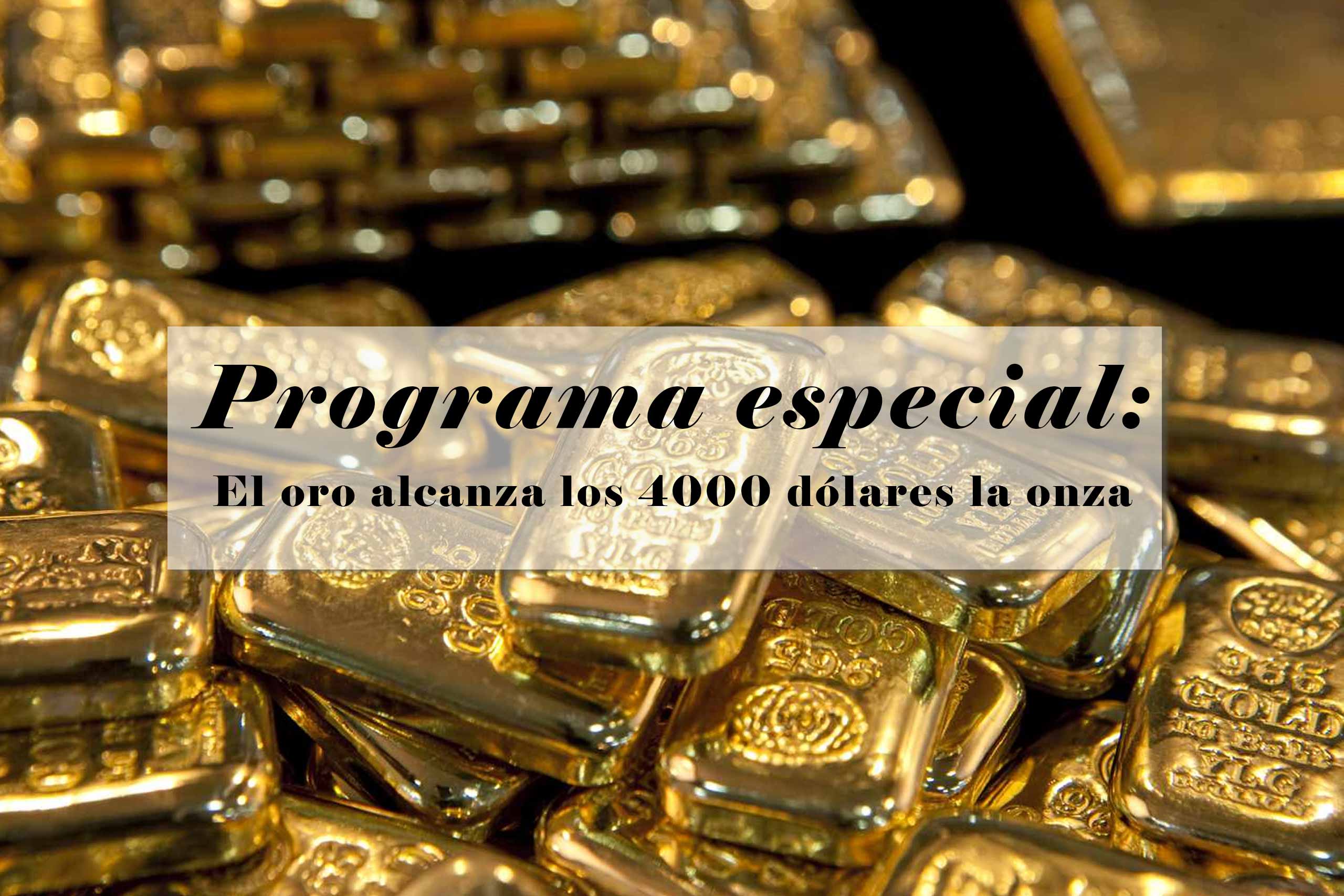 Cartel que anuncia el récord de cotización del oro y el programa especial que prepara negocios tv